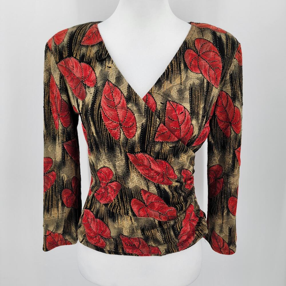 JBS Blouse Women's Medium Faux Wrap Ruched V Neck Shoulder Pads Floral Vintage